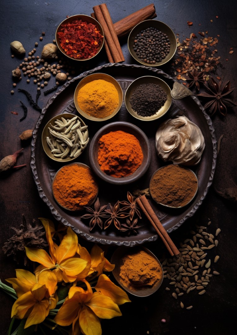 a close up of a plate with spices and spices on it. generative ai.